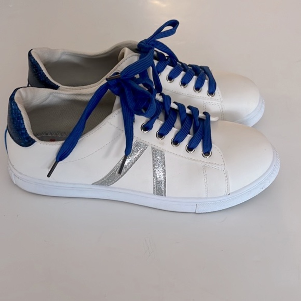 Jellypop White Faux Leather Sneaker W/Metallic Stripes & Faux Snakeskin Accents